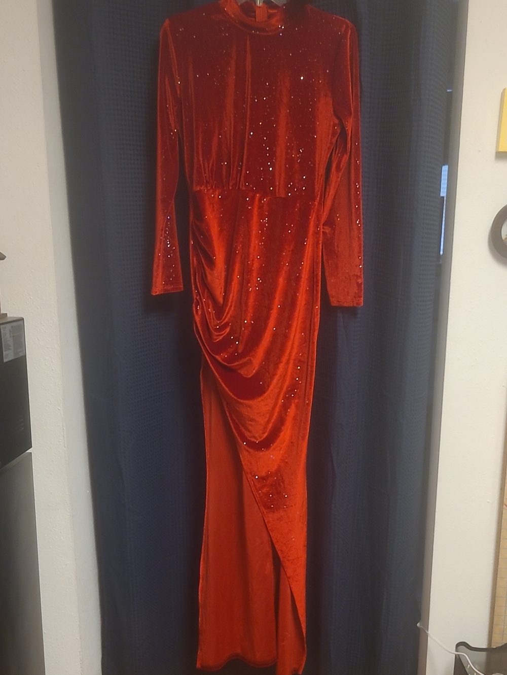 Red Velvet Maxi Dress with Sparkle Draped Skirt